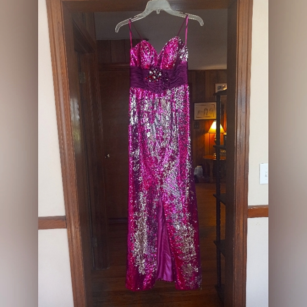 PINK AND SILVER HAND BEADED SEQUIN PAGEANT|PROM